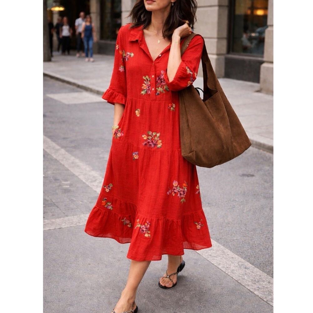 Figueroa & Flower Red Embroidered Floral Tiered Peasant Dress Size Large